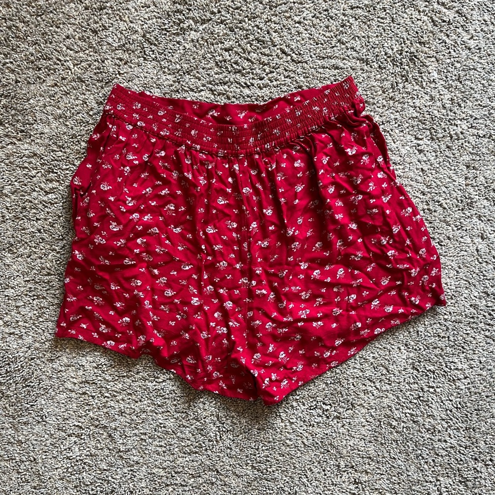High-Waisted Red Floral Shorts